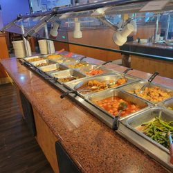 Golden Blossom Buffet - Green beans, shrimp, chicken, beef, pork, rice, and noodles.