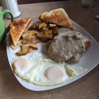Tricks Bar & Grill - Chicken fried steak, over easy eggs, country potatoes and toast... My favorite and great homemade flavor. $18.00 - Breakfast & Brunch Near Me - Chattaroy, Washington