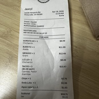 Chela's y Carnitas - The whopping almost $65 amount. I did show this due to the fact that I wanted you to see prices. - Mexican Near Me - Victorville, California Chela's y Carnitas - The whopping almost $65 amount. I did show this due to the fact that I wanted you to see prices. - Mexican Near Me - Victorville, California