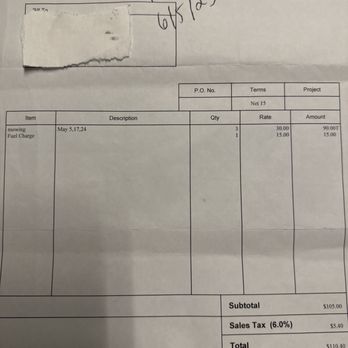 Beck's Maintenance - May bill showing 3 mowing charges at 30 dollars each plus fuel charge. - Snow Removal Near Me - Duncansville, Pennsylvania Beck's Maintenance - May bill showing 3 mowing charges at 30 dollars each plus fuel charge. - Snow Removal Near Me - Duncansville, Pennsylvania