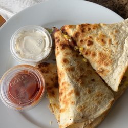 A Walk in the Park Café - Breakfast Quesadilla with salsa and sour cream