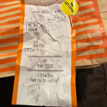 Whataburger - The only so called receipt I got. It's an order piece of paper and does not include the amount I paid. - Fast Food Near Me - Mission, Texas Whataburger - The only so called receipt I got. It's an order piece of paper and does not include the amount I paid. - Fast Food Near Me - Mission, Texas