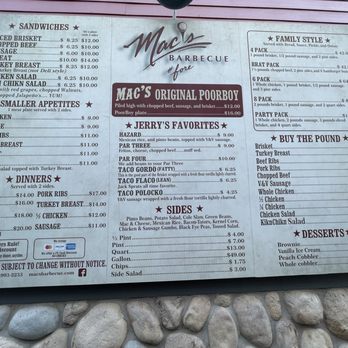 Mac's Barbecue - Menu. Prices may change with inflation is what they told me. - Barbeque Near Me - Corpus Christi, Texas Mac's Barbecue - Menu. Prices may change with inflation is what they told me. - Barbeque Near Me - Corpus Christi, Texas