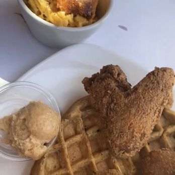 Dame's Chicken & Waffles - Vanilla-Almond shmear with a Sweet Potato Waffle and Cheesy Ceci's Mac & Cheese! - Southern Near Me - Durham, North Carolina Dame's Chicken & Waffles - Vanilla-Almond shmear with a Sweet Potato Waffle and Cheesy Ceci's Mac & Cheese! - Southern Near Me - Durham, North Carolina