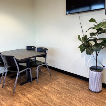 Buffalo Wings - Seating Area - A meeting space features a rectangular table with four black chairs, a wall-mounted TV, and a large potted plant in a striped planter. - Chicken Wings Near Me - Tucson, Arizona