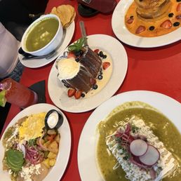 Enchiladas, chilaquiles, pozole, pancakes, French toast, strawberry margarita, espresso horchata Enchiladas, chilaquiles, pozole, pancakes, French toast, strawberry margarita, espresso horchata
