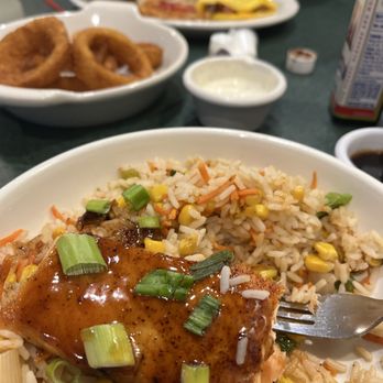 Metro Diner - Teriyaki Salmon Bowl, onion rings, Meat Lovers Omelette - Diners Near Me - Tuscaloosa, Alabama Metro Diner - Teriyaki Salmon Bowl, onion rings, Meat Lovers Omelette - Diners Near Me - Tuscaloosa, Alabama