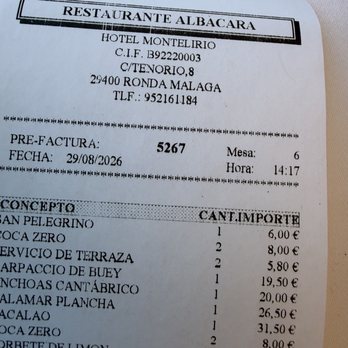 Albacara - Receipt - Spanish Near Me - Ronda, Massachusetts