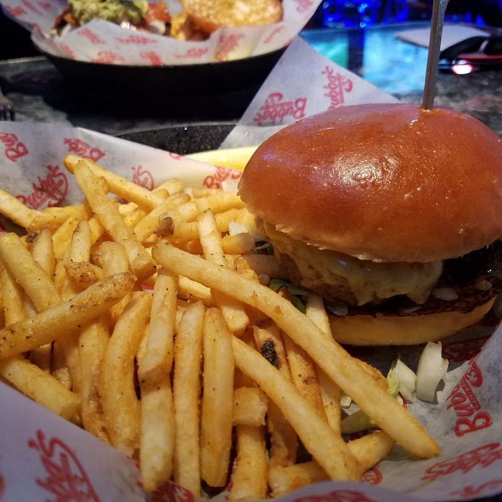 Bubba's 33 - Standard cheeseburger with 33% bacon grind and fries. - Burgers Near Me - Universal City, Texas Bubba's 33 - Standard cheeseburger with 33% bacon grind and fries. - Burgers Near Me - Universal City, Texas