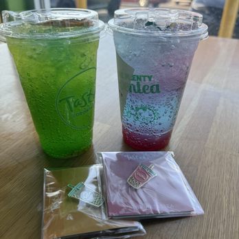 Elite Experience: Tastea, Anaheim - The new Green Mamba & Shark Bite energy drinks plus some cute pins they gave us. - Yelp Events Near Me - Anaheim, California Elite Experience: Tastea, Anaheim - The new Green Mamba & Shark Bite energy drinks plus some cute pins they gave us. - Yelp Events Near Me - Anaheim, California