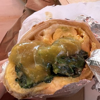 Hola Adios Coffeeshop - Vegetarian breakfast burrito - Huevos Florentine with green sauce - yum! - Coffee & Tea Near Me - Costa Mesa, California Hola Adios Coffeeshop - Vegetarian breakfast burrito - Huevos Florentine with green sauce - yum! - Coffee & Tea Near Me - Costa Mesa, California