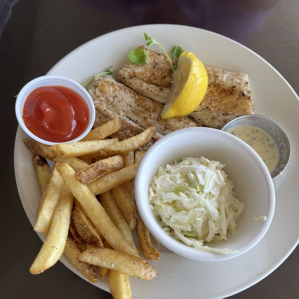 Fish Camp On Lake Eustis - Fish Camp Smart Catch with mustard Dijon sauce, sides of fries and slaw - Seafood Near Me - Tavares, Florida Fish Camp On Lake Eustis - Fish Camp Smart Catch with mustard Dijon sauce, sides of fries and slaw - Seafood Near Me - Tavares, Florida