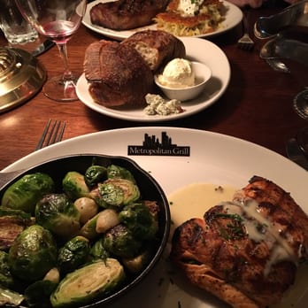 Metropolitan Grill - Salmon with Brussel sprouts and NY strip with potato cakes. - American Near Me - Seattle, Washington