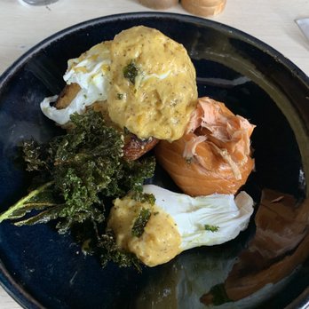 Social Brew Cafe - Eggs Benedict with hot smoked trout, crispy kale, lemon and sumac hollandaise on sweet potato sourdough - Cafes Near Me - Pyrmont, NSW Social Brew Cafe - Eggs Benedict with hot smoked trout, crispy kale, lemon and sumac hollandaise on sweet potato sourdough - Cafes Near Me - Pyrmont, NSW