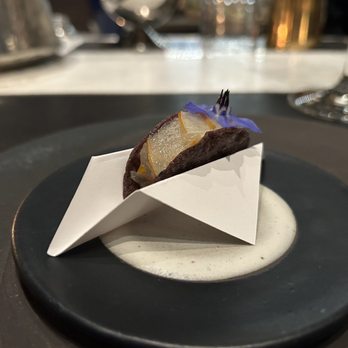 Californios - Sea Bream Taco. A Cónico Morado Masa Shell with Sea Bream, Habanada Vinaigrette, and Shinko Pear - Mexican Near Me - San Francisco, California Californios - Sea Bream Taco. A Cónico Morado Masa Shell with Sea Bream, Habanada Vinaigrette, and Shinko Pear - Mexican Near Me - San Francisco, California