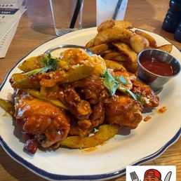 Bar Wings with Crispy Potato Wedges. Happy Hour win!