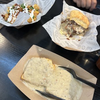 The Biscuit Bar - Biscuits and sausage gravy. Fully loaded tots. The Hoss Sandwich - New American Near Me - Ft. Worth, Texas The Biscuit Bar - Biscuits and sausage gravy. Fully loaded tots. The Hoss Sandwich - New American Near Me - Ft. Worth, Texas
