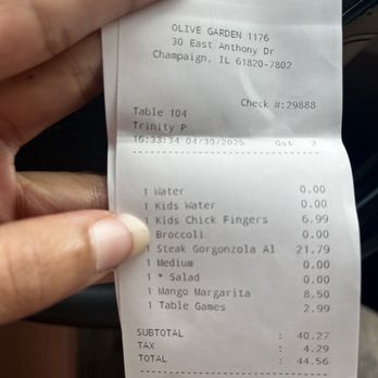 Olive Garden Italian Restaurant - Receipt - Italian Near Me - Champaign, Illinois