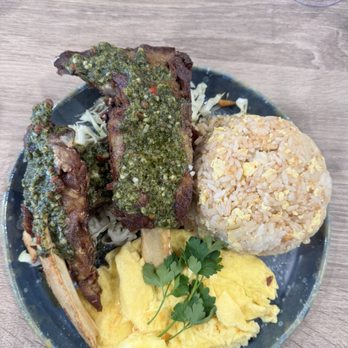 Aloha Stacks - Beef ribs with chimichurri sauce, fried rice and eggs - Breakfast & Brunch Near Me - Whittier, California Aloha Stacks - Beef ribs with chimichurri sauce, fried rice and eggs - Breakfast & Brunch Near Me - Whittier, California