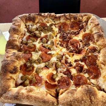 Jen's Pizza Den - "Sicilian" pizza with pepperoni and extra cheese. Half with also sausage/half with also bacon. - Pizza Near Me - Fredericksburg, Virginia Jen's Pizza Den - "Sicilian" pizza with pepperoni and extra cheese. Half with also sausage/half with also bacon. - Pizza Near Me - Fredericksburg, Virginia