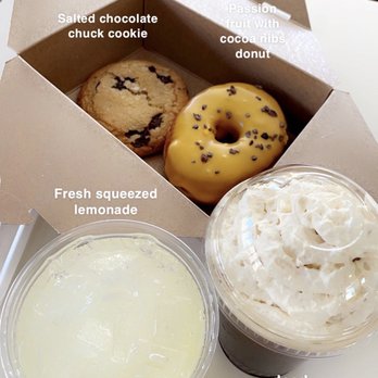 Gracie's Luncheonette - Salted Chocolate Chuck Cookie, Passion Fruit Cocoa Nibs donut, Fresh Squeezed Lemonade, and Iced Coffee Fizz - American Near Me - Leeds, New York Gracie's Luncheonette - Salted Chocolate Chuck Cookie, Passion Fruit Cocoa Nibs donut, Fresh Squeezed Lemonade, and Iced Coffee Fizz - American Near Me - Leeds, New York