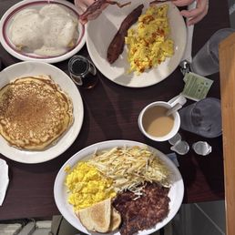 Biscuits & Gravy, pancakes, corn beef & hash with eggs Biscuits & Gravy, pancakes, corn beef & hash with eggs