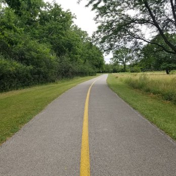 Brookfield Woods - A paved pathway with a yellow center line curves through a park area, bordered by grass on both sides. On the left, dense green trees and bushes are visible, while on the right, there is a grassy field with a few scattered trees. The sky is overcast, and the scene appears peaceful and natural. - Parks Near Me - Brookfield, Illinois