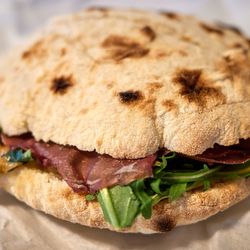 Bocconcino Hawaii - Illegal panino (AKA IG special) - Bresaola, Toma Casstelrosso cheese, sun-dried zucchini, honey mustard, balsamic pearls, arugula on Puccia