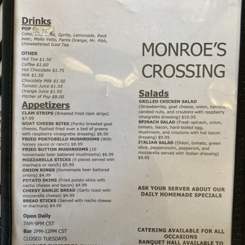 Monroe's Crossing - Drinks, Apps, salads menu - New American Near Me - New Carlisle, Indiana Monroe's Crossing - Drinks, Apps, salads menu - New American Near Me - New Carlisle, Indiana