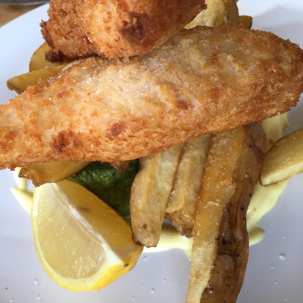 The Red Velvet Lounge - Salmon fish fingers and chips with saffron mayonnaise - Coffee & Tea Near Me - Cygnet, TAS