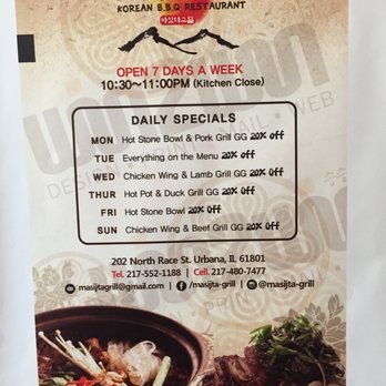 Masijta Grill - Hours, contact info, and lunch specials as of January 2018. - Korean Near Me - Urbana, Illinois Masijta Grill - Hours, contact info, and lunch specials as of January 2018. - Korean Near Me - Urbana, Illinois