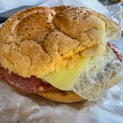 Mike's Country Market & Nursery - Pork roll, sunny side up egg, Cooper American, hashbrown, salt, pepper, ketchup on a hard roll
