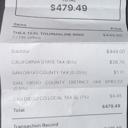 LUMO - My receipt for the ring with a tourmaline stone center and diamonds on the side.