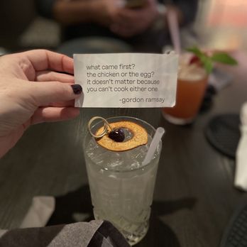 Gordon Ramsay Hell's Kitchen - Notes from Gordon Cocktail- Plymouth gin, green tea, lemongrass, peach, and lemon (and a "nice" word from the famous chef himself- lol) - Steakhouses Near Me - Stateline, Nevada