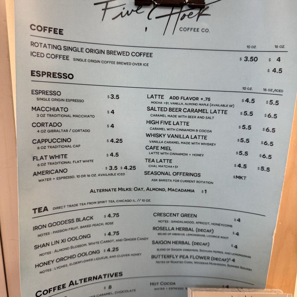 Five & Hoek Coffee - Menu with Descriptions - Coffee & Tea Near Me - Wheaton, Illinois