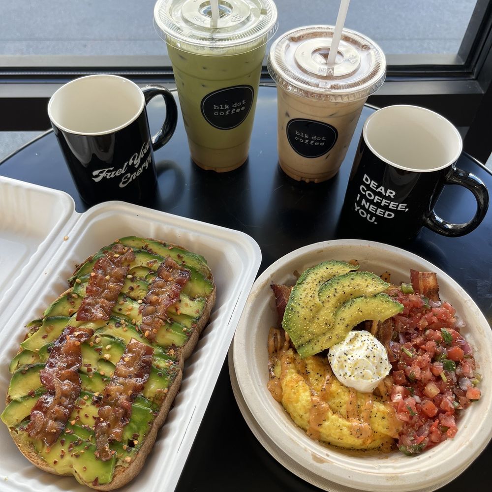 Blk Dot Coffee - LVT Matcha and Spanish Latte with Hot Honey Avocado Toast and Ultimate brekkie Bowl IG: @mags.foodie - Breakfast & Brunch Near Me - Cypress, California