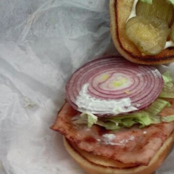 Jim's Drive In - The "Ranch" burger, sweet pickles, a slice of deli ham, lett/onion/ mayo and a smallish burger patty, not much here for $4.25??? - American Near Me - West Lewisburg, West Virginia Jim's Drive In - The "Ranch" burger, sweet pickles, a slice of deli ham, lett/onion/ mayo and a smallish burger patty, not much here for $4.25??? - American Near Me - West Lewisburg, West Virginia