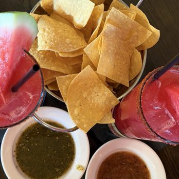 Cha Cha's Latin Kitchen - Watermelon margaritas and complementary chips and salsa - Bars Near Me - Brea, California