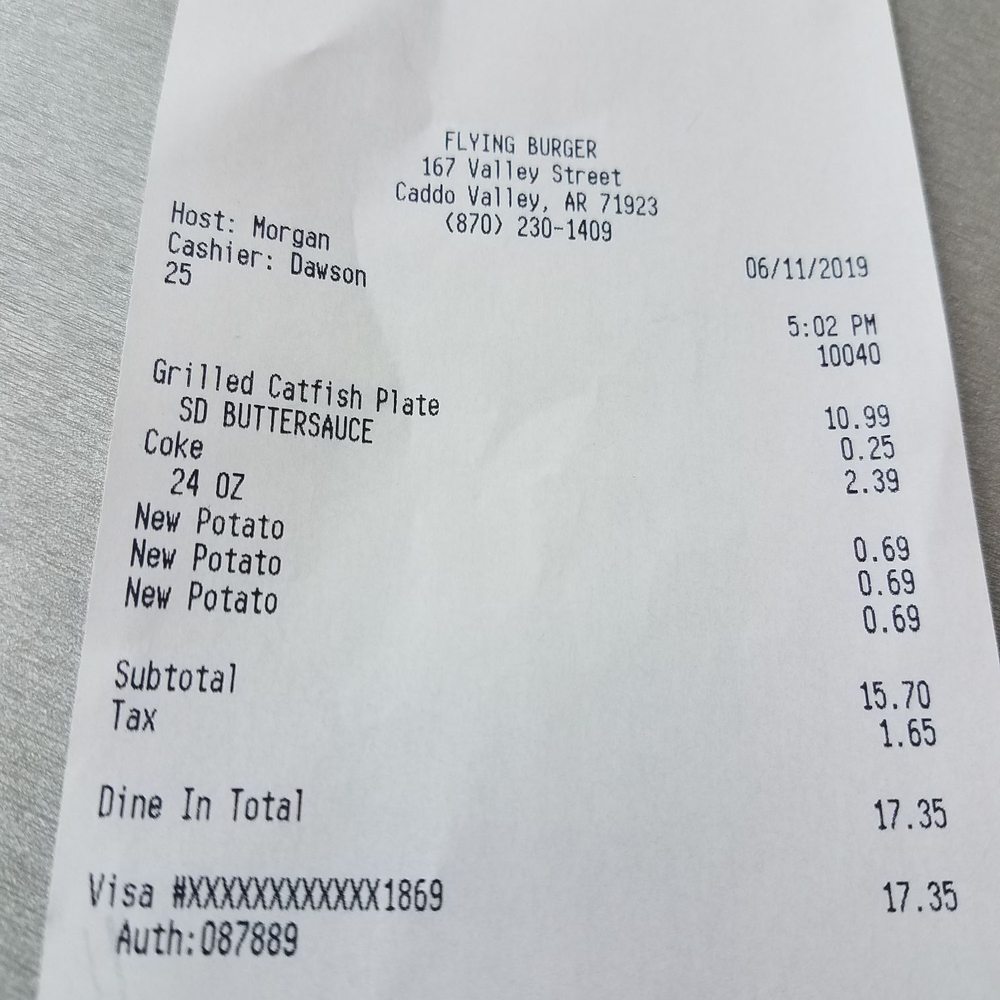 Flying Burger & Seafood - Receipt - American Near Me - Caddo Valley, Arkansas Flying Burger & Seafood - Receipt - American Near Me - Caddo Valley, Arkansas