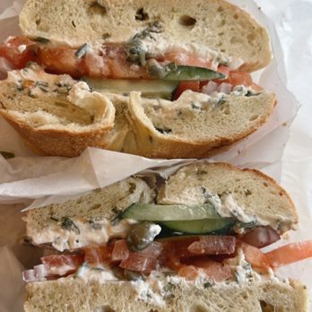 The Bagel Factory - Jalapeño bagel with vegan scallion cream cheese, with tomatoes, cucumbers, red onion, capers - Bagels Near Me - Los Angeles, California The Bagel Factory - Jalapeño bagel with vegan scallion cream cheese, with tomatoes, cucumbers, red onion, capers - Bagels Near Me - Los Angeles, California