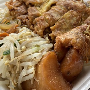 Y'Kele Korean BBQ - Regular Meat Jun with Mac Salad, Noodle Salad, Bean Sprouts, and Potatoes (Extremely Delicious) - Korean Near Me - Waipahu, Hawaii Y'Kele Korean BBQ - Regular Meat Jun with Mac Salad, Noodle Salad, Bean Sprouts, and Potatoes (Extremely Delicious) - Korean Near Me - Waipahu, Hawaii
