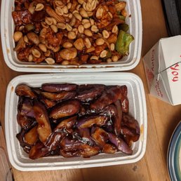 Kung Pao tofu (top) and eggplant (bottom).