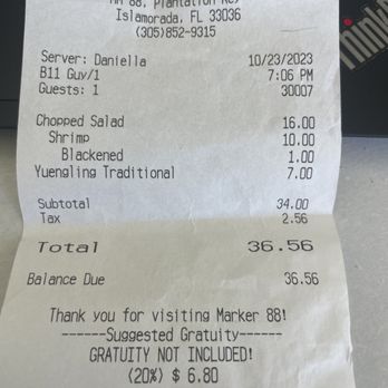 Marker 88 - Receipt - Seafood Near Me - Islamorada, Florida Marker 88 - Receipt - Seafood Near Me - Islamorada, Florida