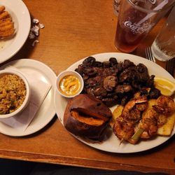 20 ounce Ribeye with a baked sweet potato,rice and shrimp