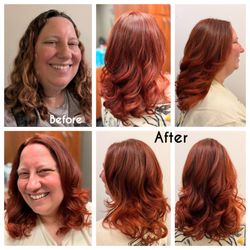 Vivian Hair Design Studio - Color correction magic Multiple tones transformed into a bold vibrant red-violet, finished with a precision cut and smooth, bouncy blowout.
