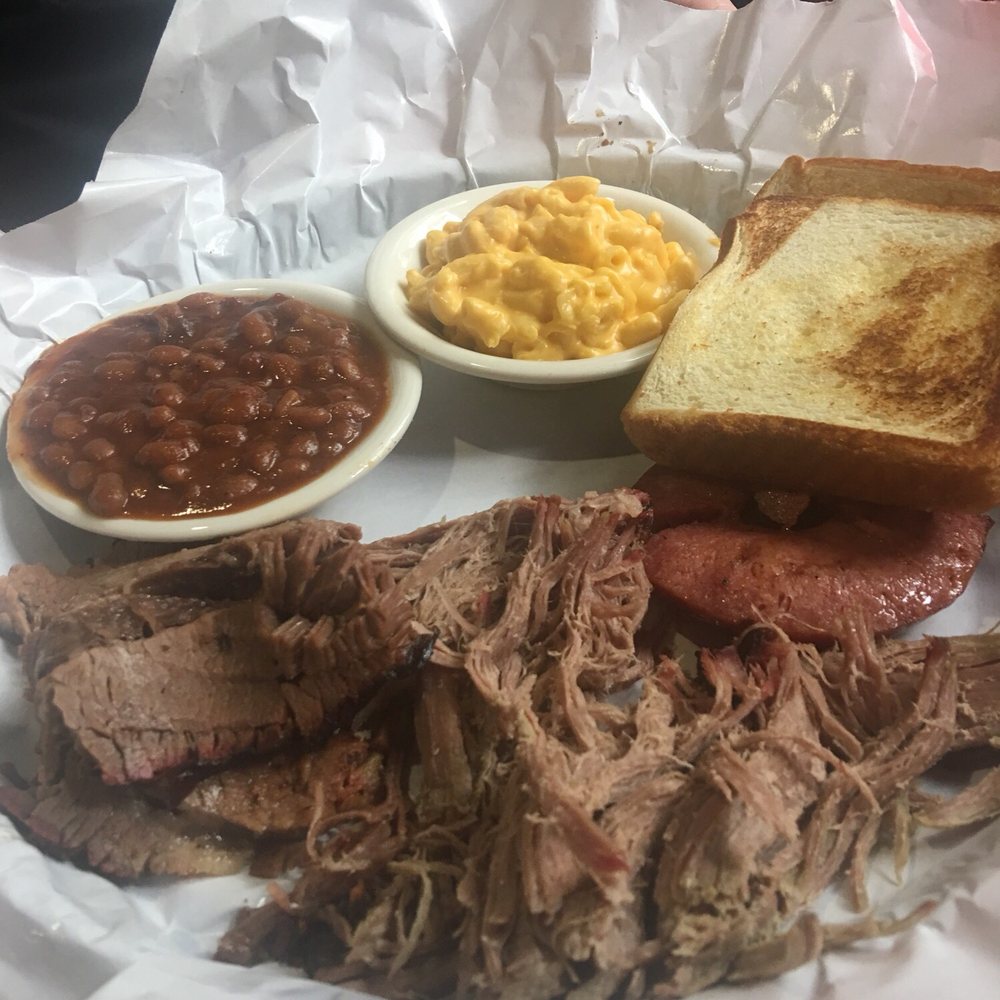 Colt's Pig Stand - 3 meat plate with toast or cornbread, Mac and cheese and bbq beans. - Barbeque Near Me - Ormond Beach, Florida Colt's Pig Stand - 3 meat plate with toast or cornbread, Mac and cheese and bbq beans. - Barbeque Near Me - Ormond Beach, Florida