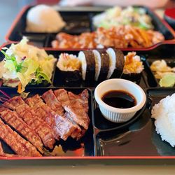 Lunch Bento with beef teriyaki (sauce on side) + Shrimp Tempura Roll; Chicken Teriyaki Bento.