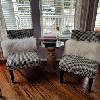Fina Bella Draperies and Interior Designs - Reupholstered two slipper chairs in black and white houndstooth - Shades & Blinds Near Me - Campbell, California