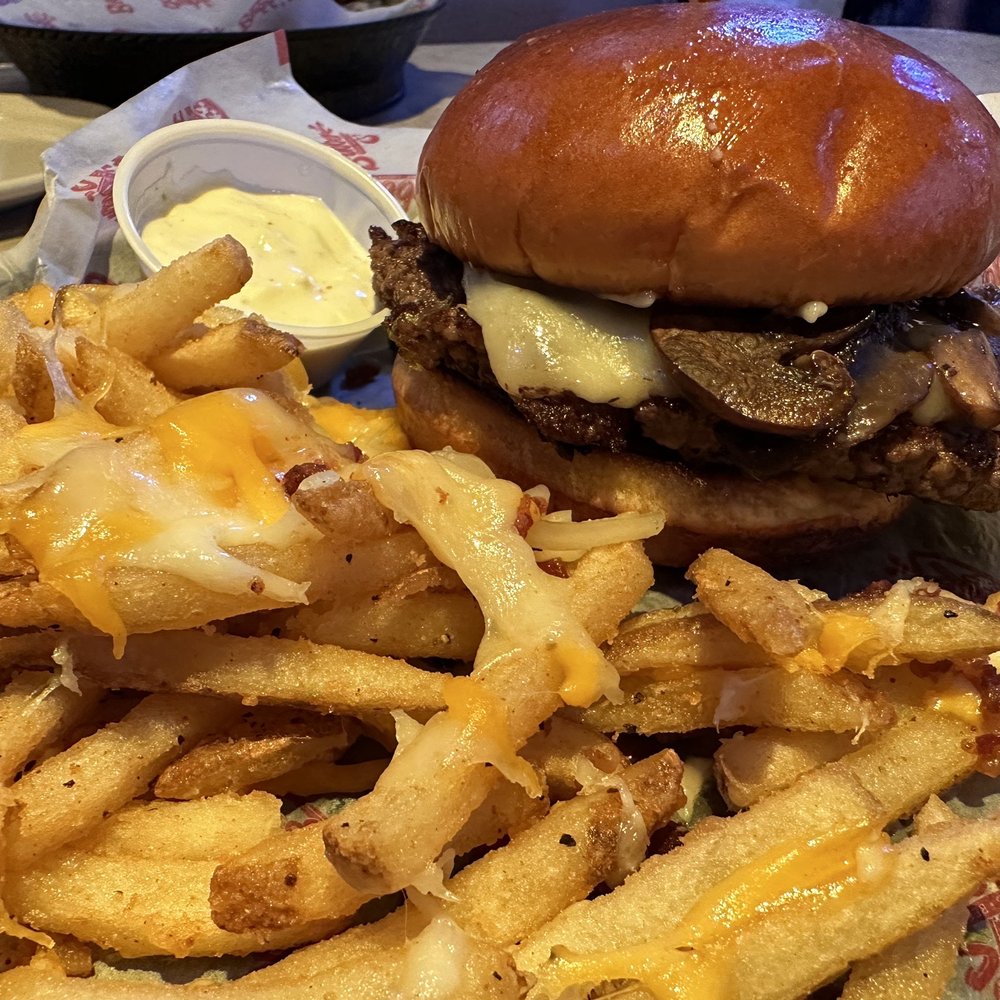 Bubba's 33 - Mushroom burger with cheese and bacon fries - Pizza Near Me - Colorado Springs, Colorado