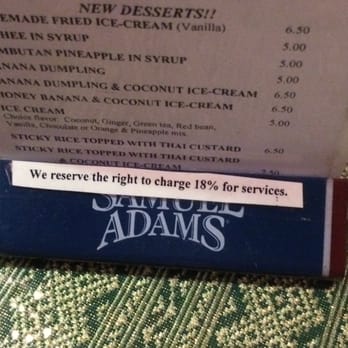 Thai Place Restaurant - The SURPRISE! added gratuity notice hidden under fake flowers on a tiny side menu. NOT posted on actual food menu. - Thai Near Me - Salem, Massachusetts Thai Place Restaurant - The SURPRISE! added gratuity notice hidden under fake flowers on a tiny side menu. NOT posted on actual food menu. - Thai Near Me - Salem, Massachusetts
